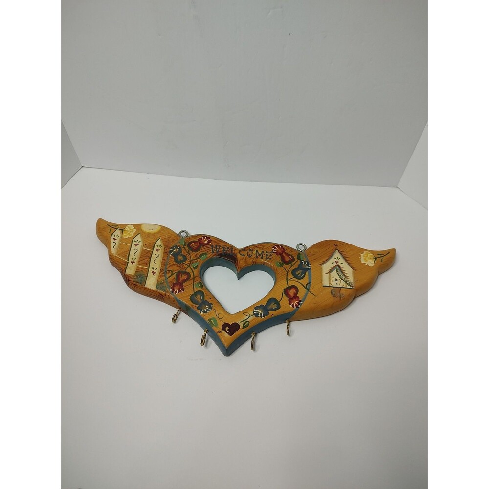 J.D.I. Wooden Welcome Home Handpainted Heart With Angel Wings Hanging Sign/Keys